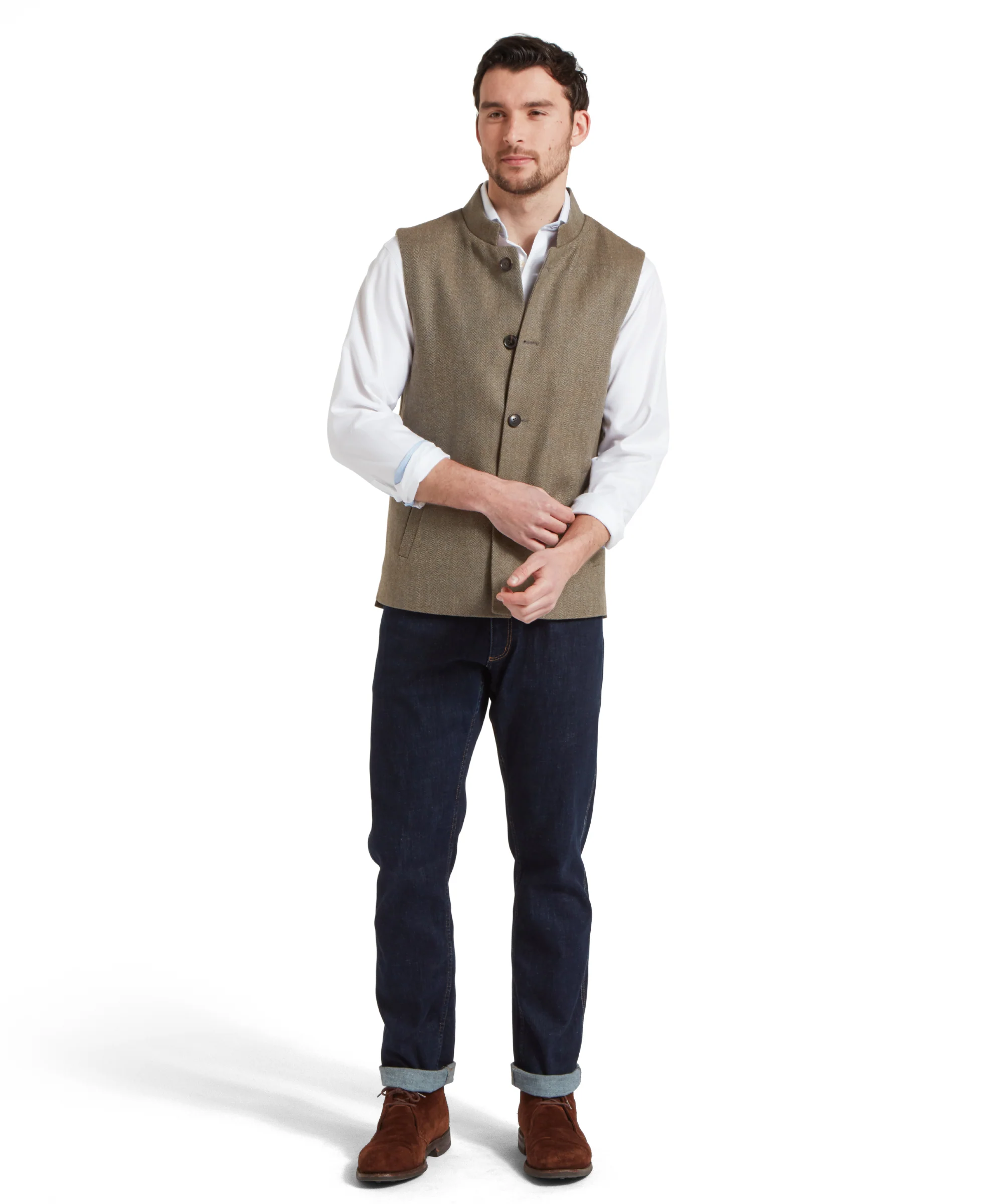 Berwick Nehru Tweed Waistcoat - Loden Green Herringbone Tweed - Image 3