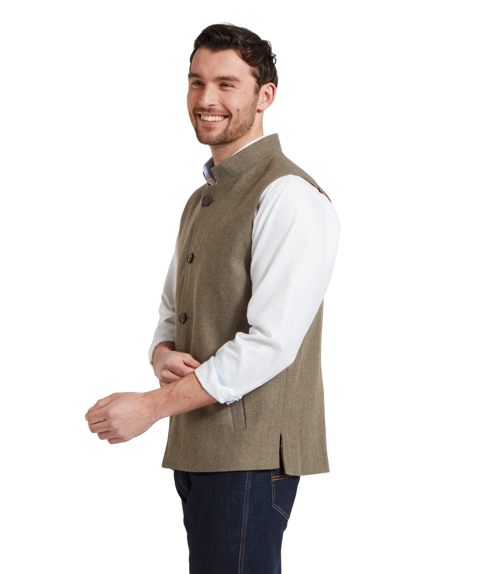 Berwick Nehru Tweed Waistcoat - Loden Green Herringbone Tweed - Image 4
