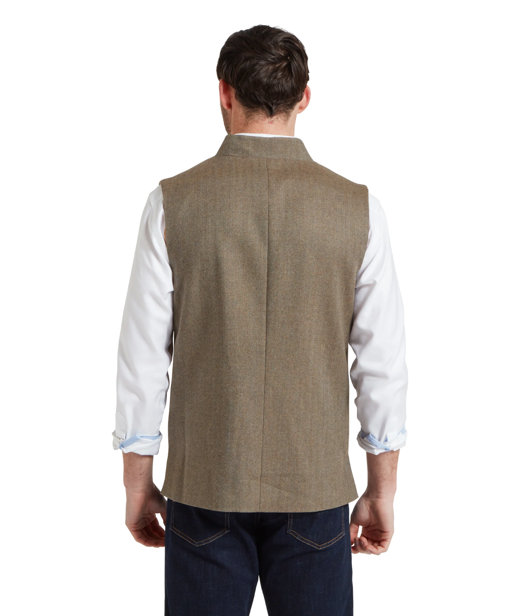 Berwick Nehru Tweed Waistcoat - Loden Green Herringbone Tweed - Image 5