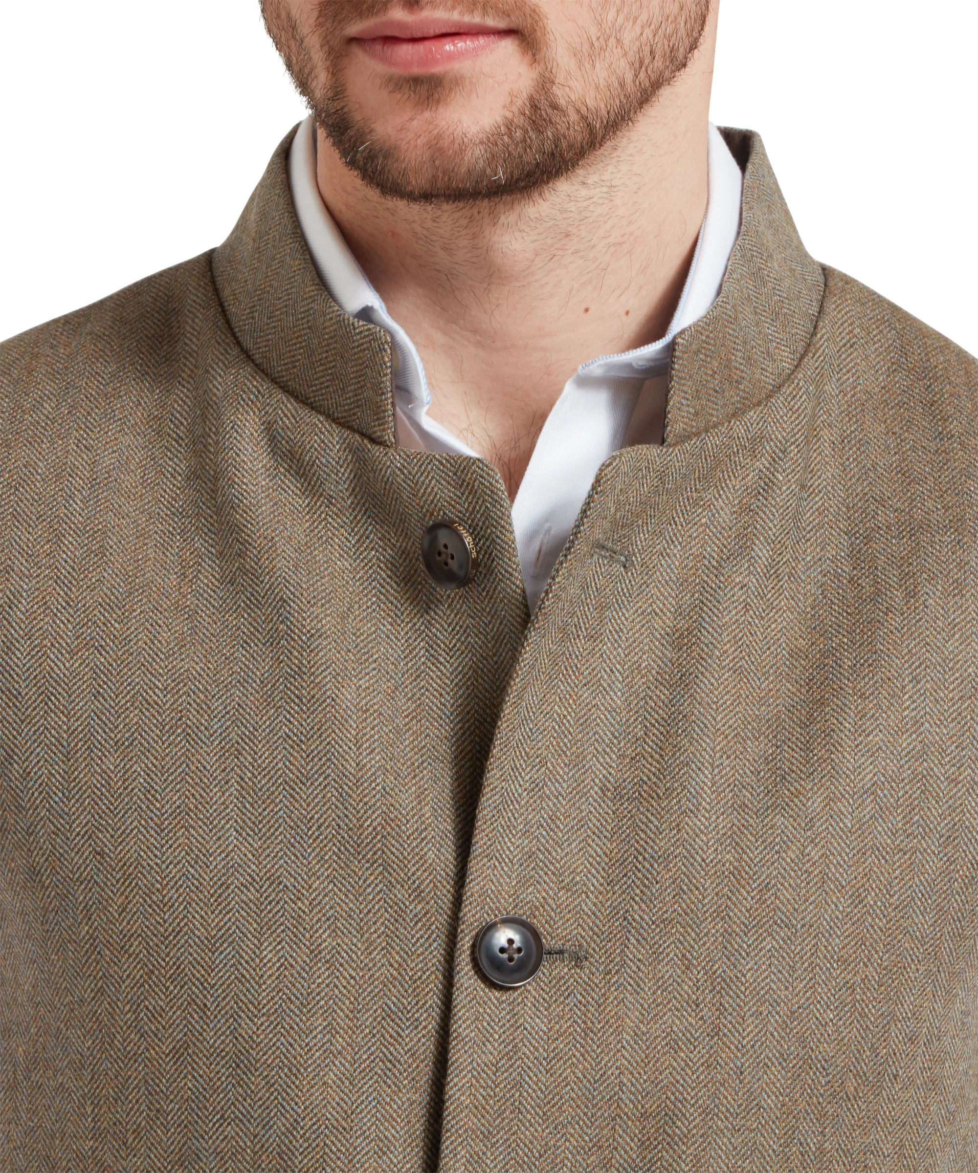 Berwick Nehru Tweed Waistcoat - Loden Green Herringbone Tweed - Image 6