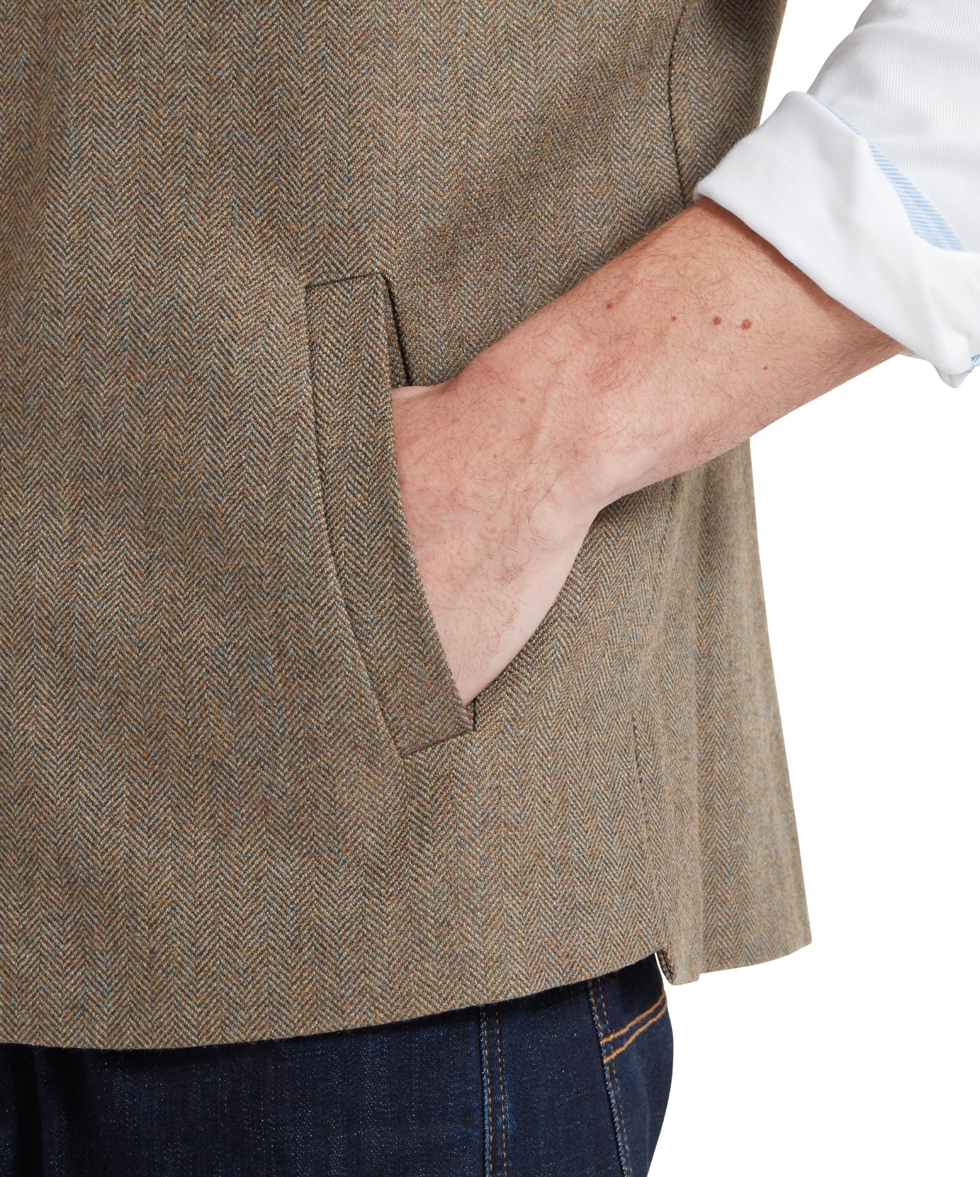 Berwick Nehru Tweed Waistcoat - Loden Green Herringbone Tweed - Image 7