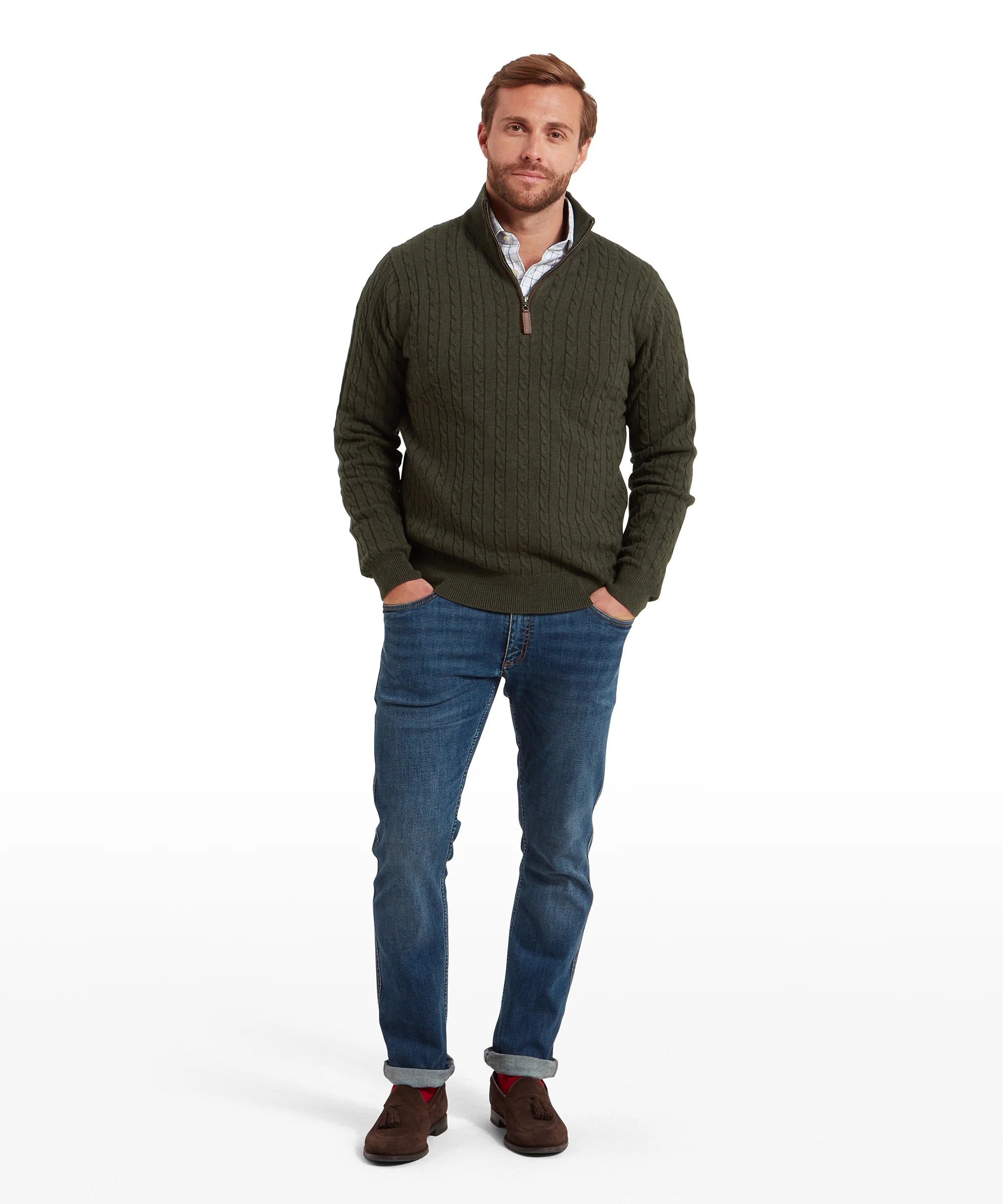 Calton Cotton Cashmere Cable Quarter Zip Jumper - Loden Green - Image 3