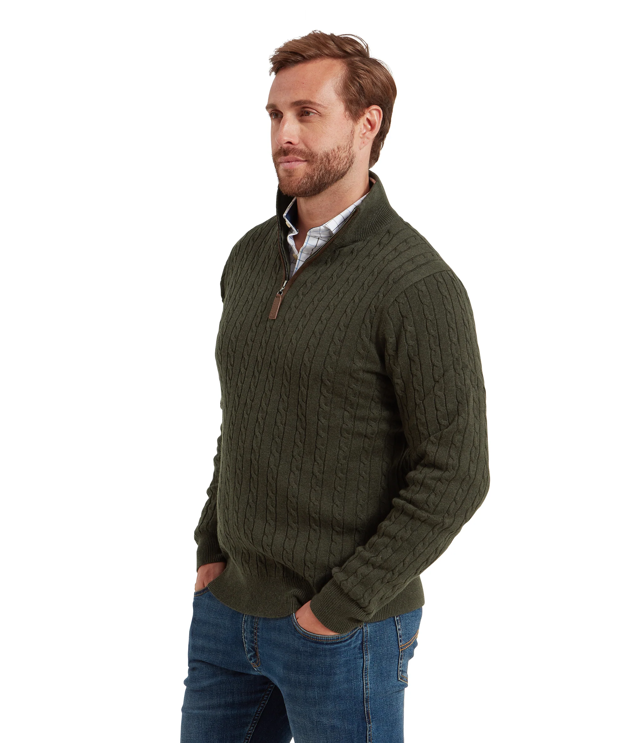 Calton Cotton Cashmere Cable Quarter Zip Jumper - Loden Green - Image 4
