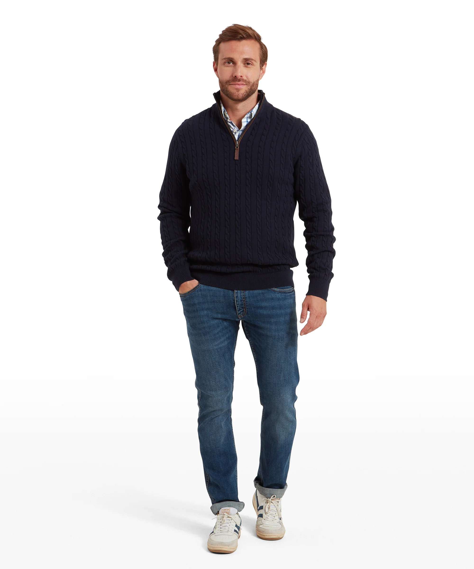Calton Cotton Cashmere Cable Quarter Zip Jumper - Navy - Image 3