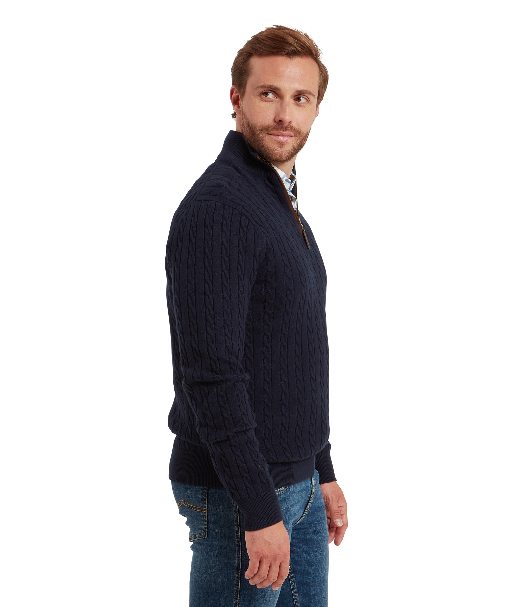 Calton Cotton Cashmere Cable Quarter Zip Jumper - Navy - Image 4