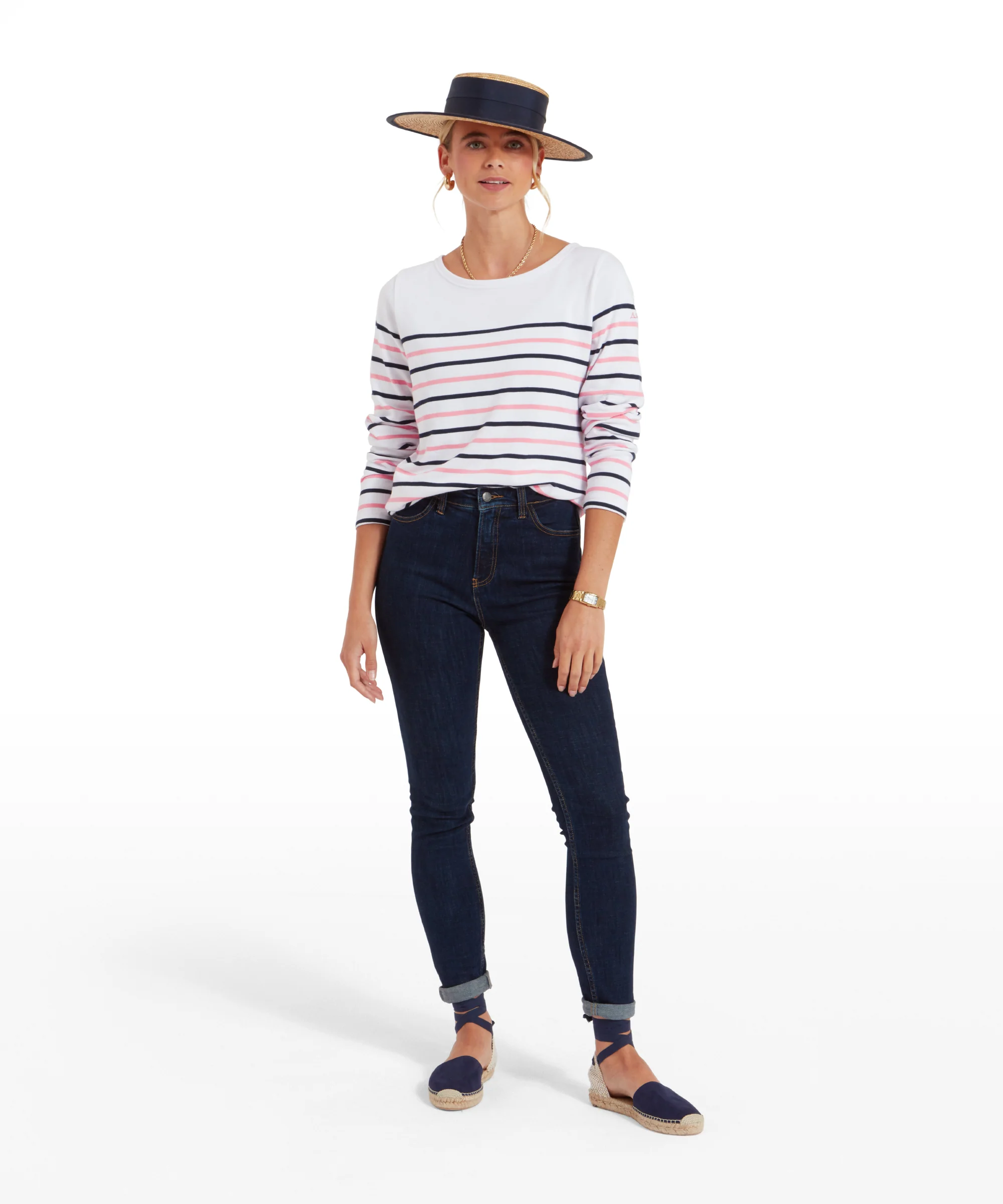 Beauport Top - White/Navy/Flamingo Stripe - Image 3