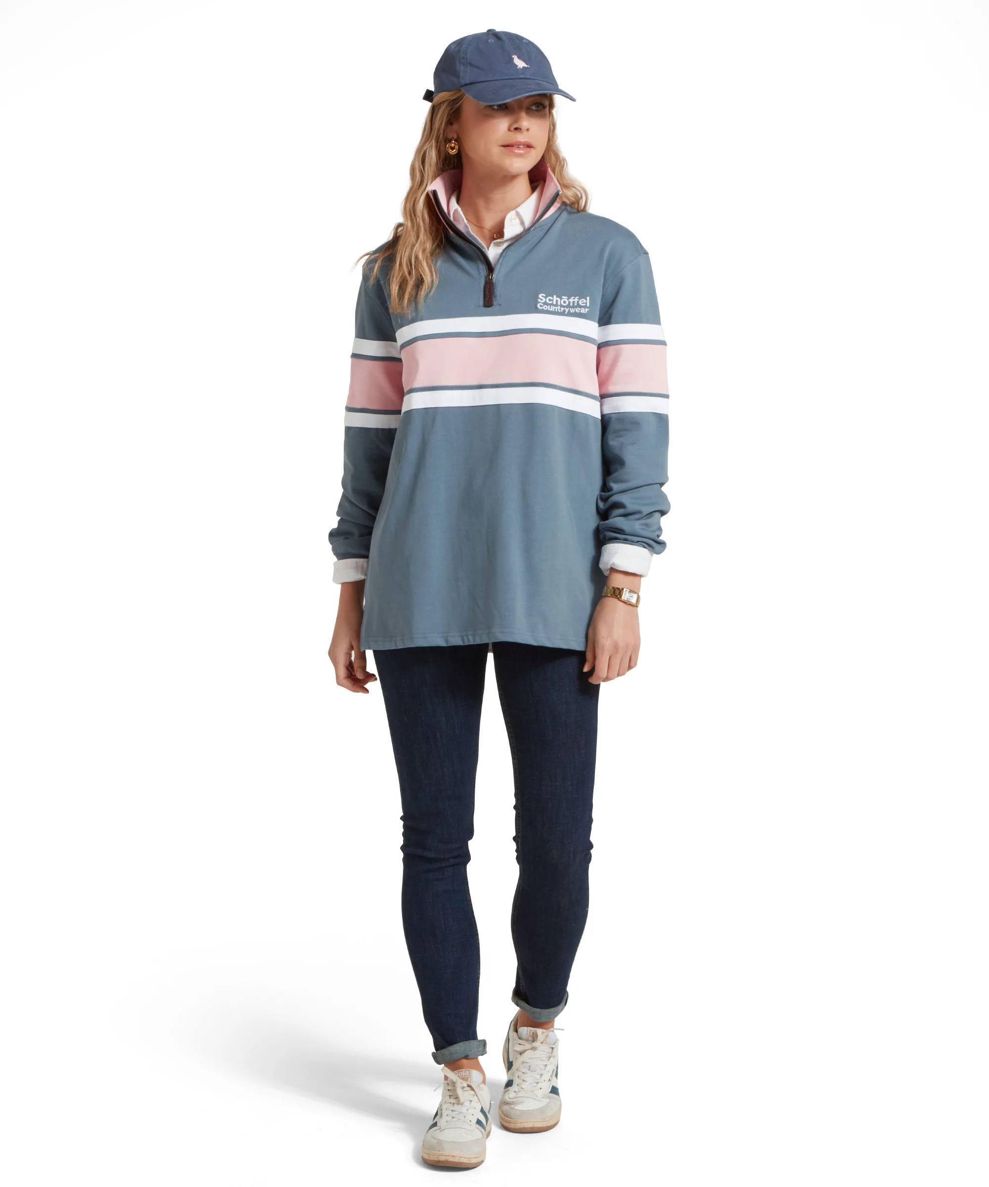 Women's Exmouth Heritage Quarter Zip - Dark Pigeon Blue/Chalky Coral - Image 3