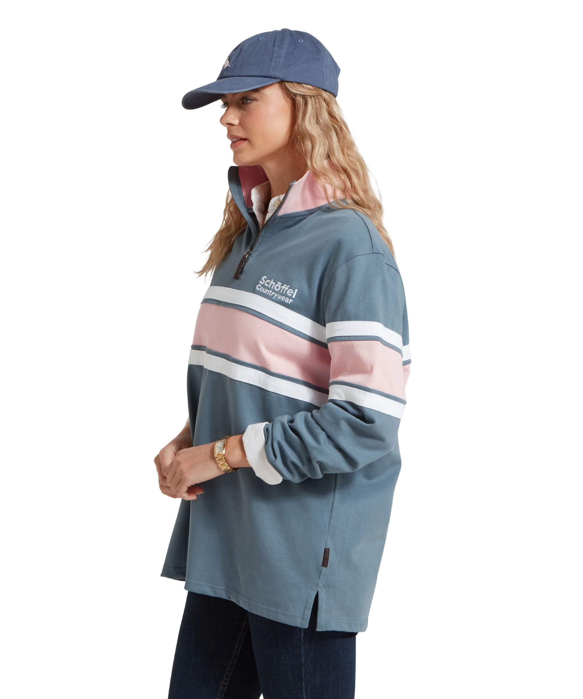 Women's Exmouth Heritage Quarter Zip - Dark Pigeon Blue/Chalky Coral - Image 4